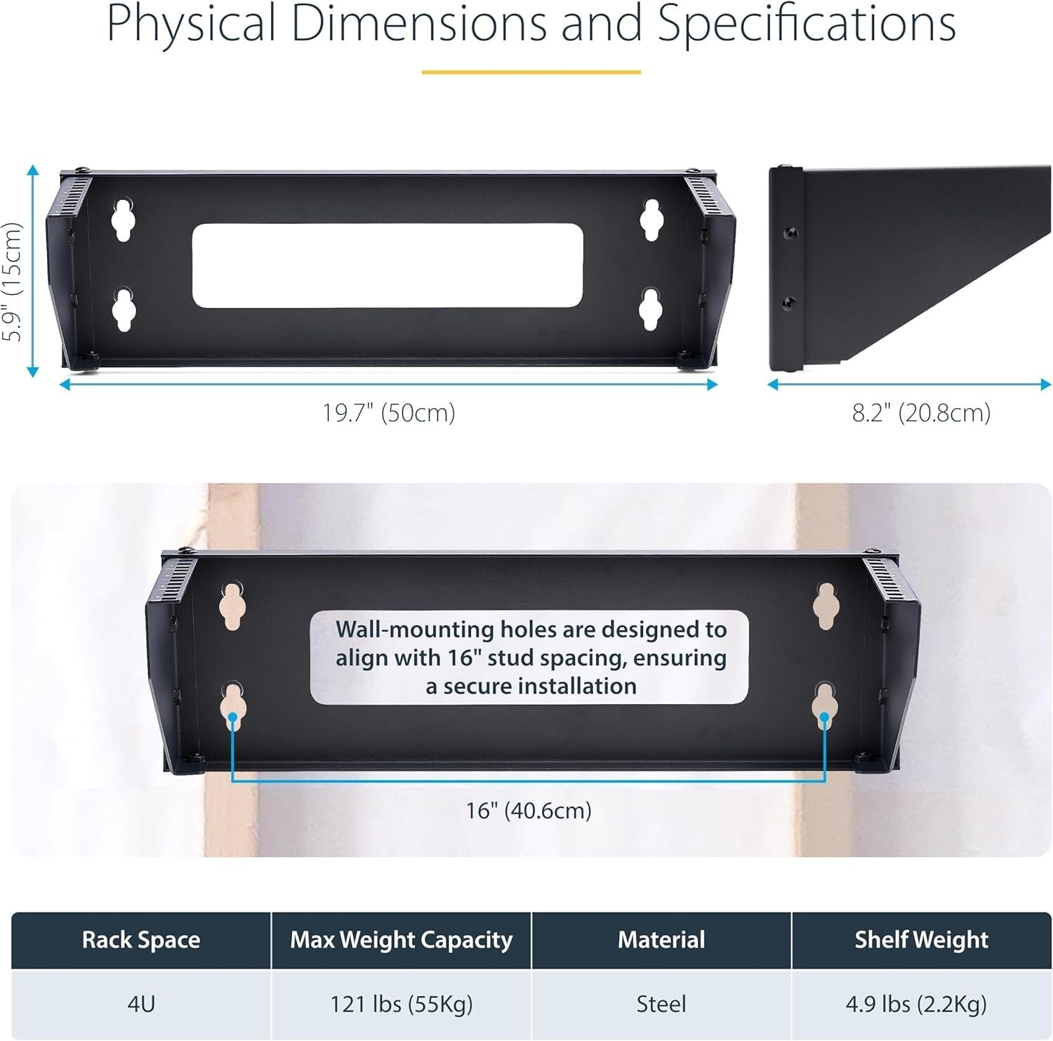 4U Vertical Wall-Mount Rack for 19" Equipment - 121lb Capacity, Durable Steel