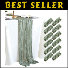 Load image into Gallery viewer, Sage Green Cheesecloth Table Runner 10ft for Elegant Weddings &amp; Celebrations