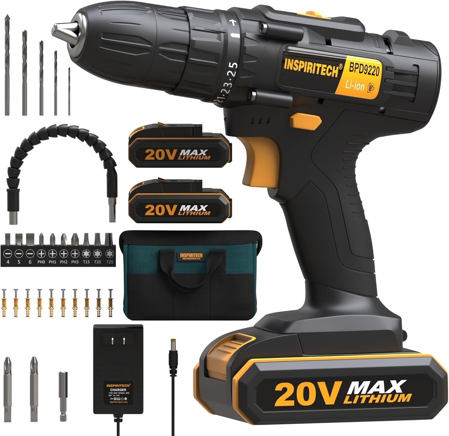 Versatile 20V Cordless Drill with 24-Torque Settings, 2 Batteries Included
