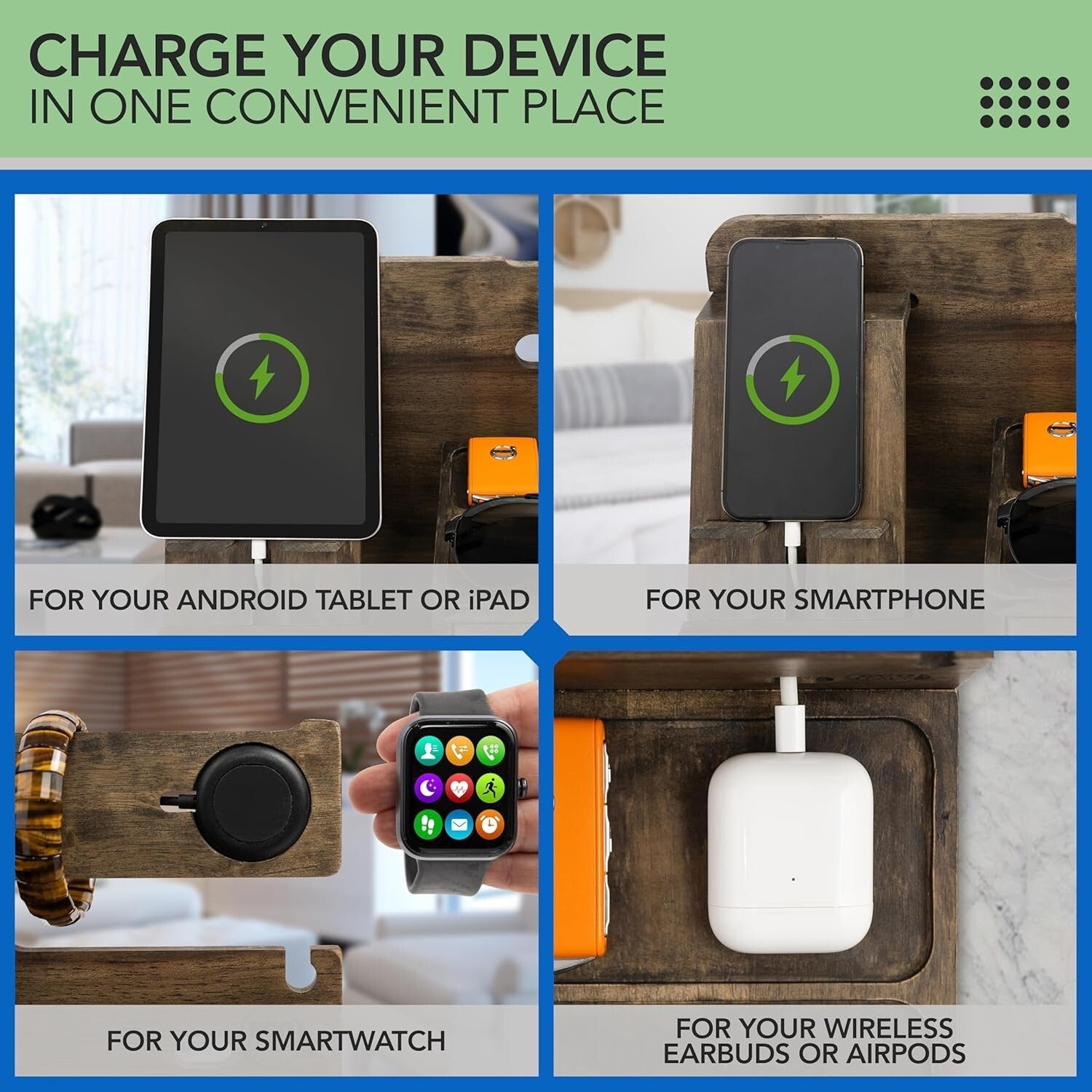 Elegant Rustic Gray Nightstand Organizer - Functional Dock for Phone & Wallet