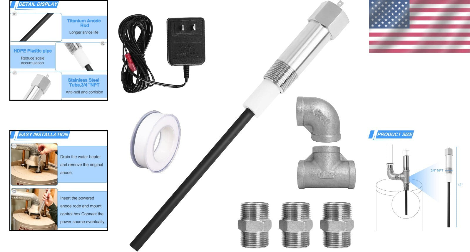 Electric Titanium Anode Rod for Bradford White Water Heaters - Odor Eliminator