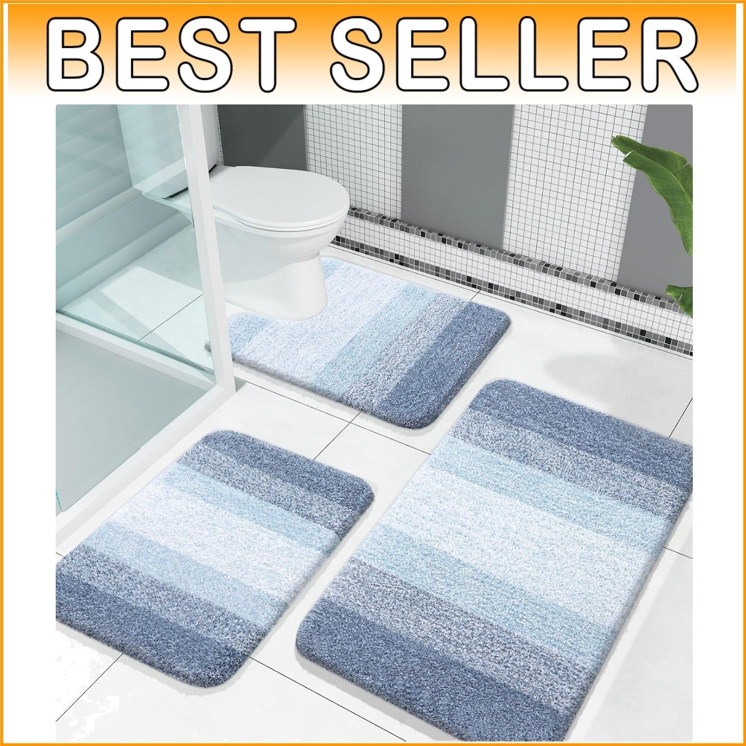 Fluffy High Pile Blue Bathroom Rug Set, Quick Dry & Machine Washable - 3 Pieces