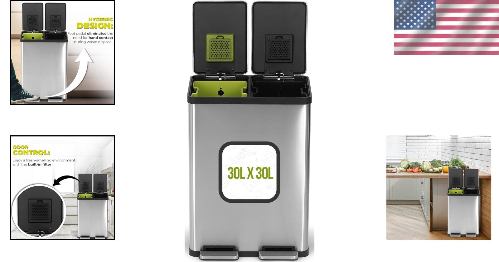 60L Hands-Free Dual Compartment Stainless Steel Recycling Trash Can - Silver