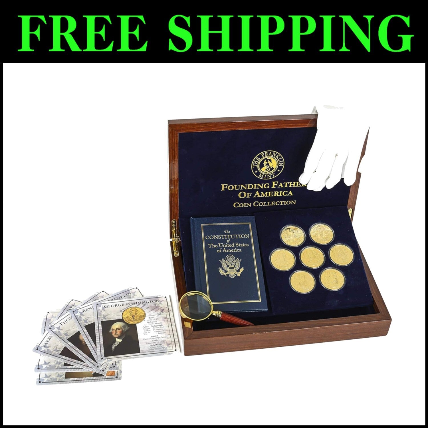 Gold-Plated 7-Piece Founding Fathers Coin Collection with Detailed Fact Cards