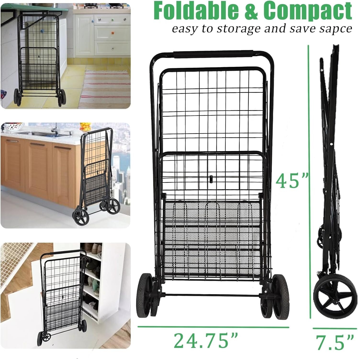Heavy-Duty Folding Shopping Cart - 360° Swivel Wheels, Holds 440 LBS