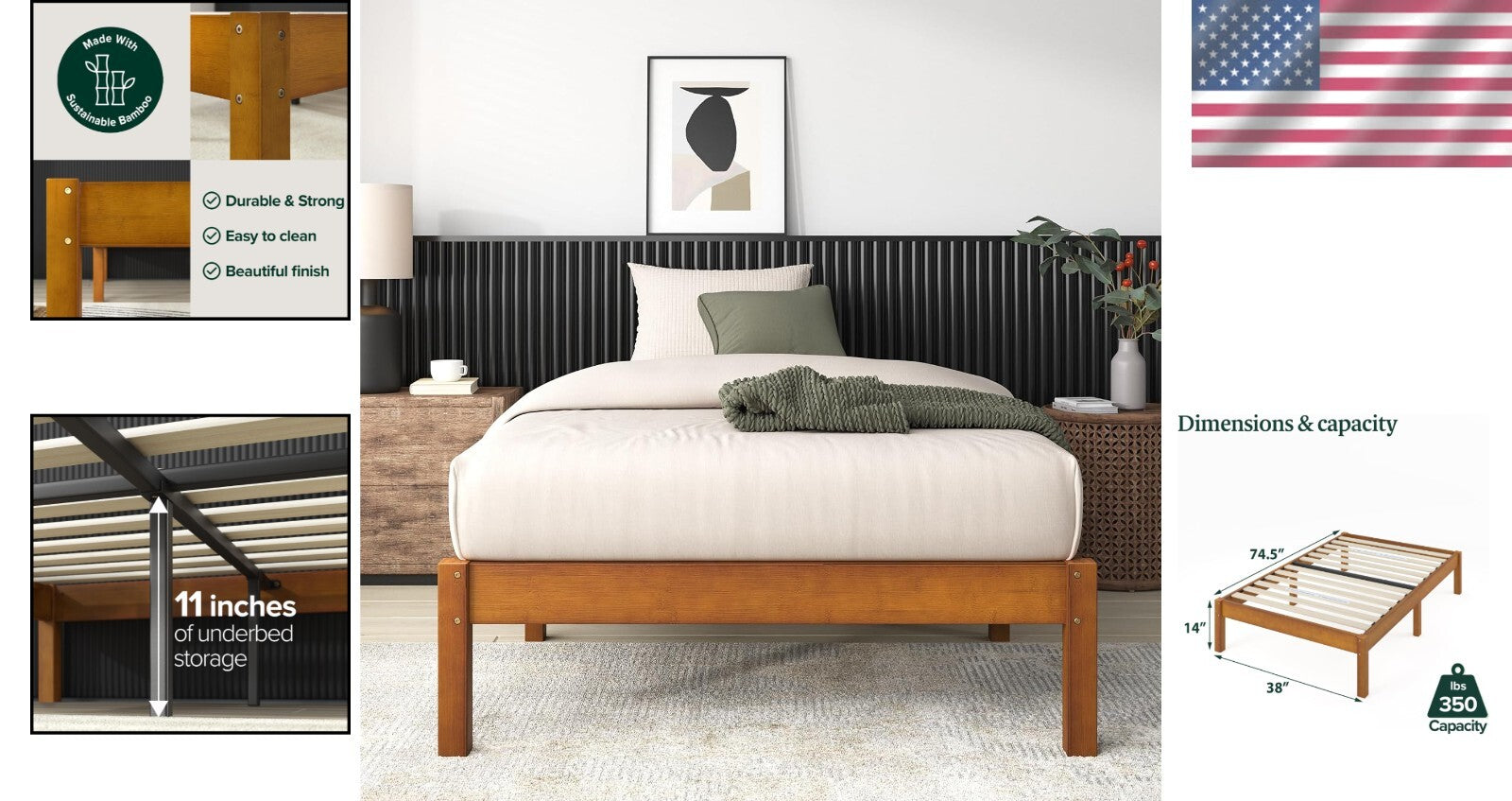 Ellie 14" Twin Bamboo Platform Bed Frame - No Box Spring Needed, Easy Assembly