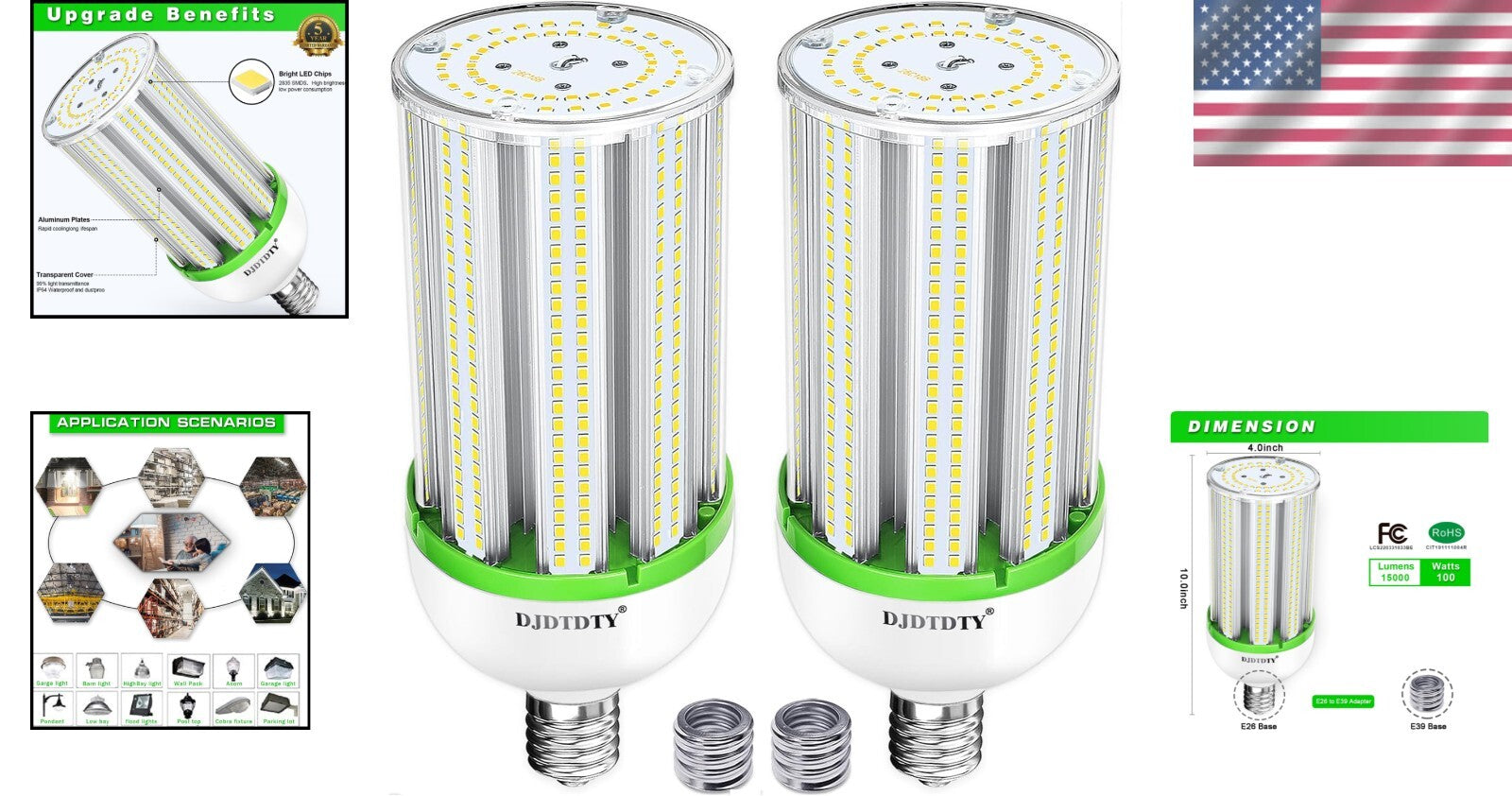 100W LED Corn Bulbs - 2-Pack, E26/E39 for Commercial Use, 15000 Lumens, 5000K