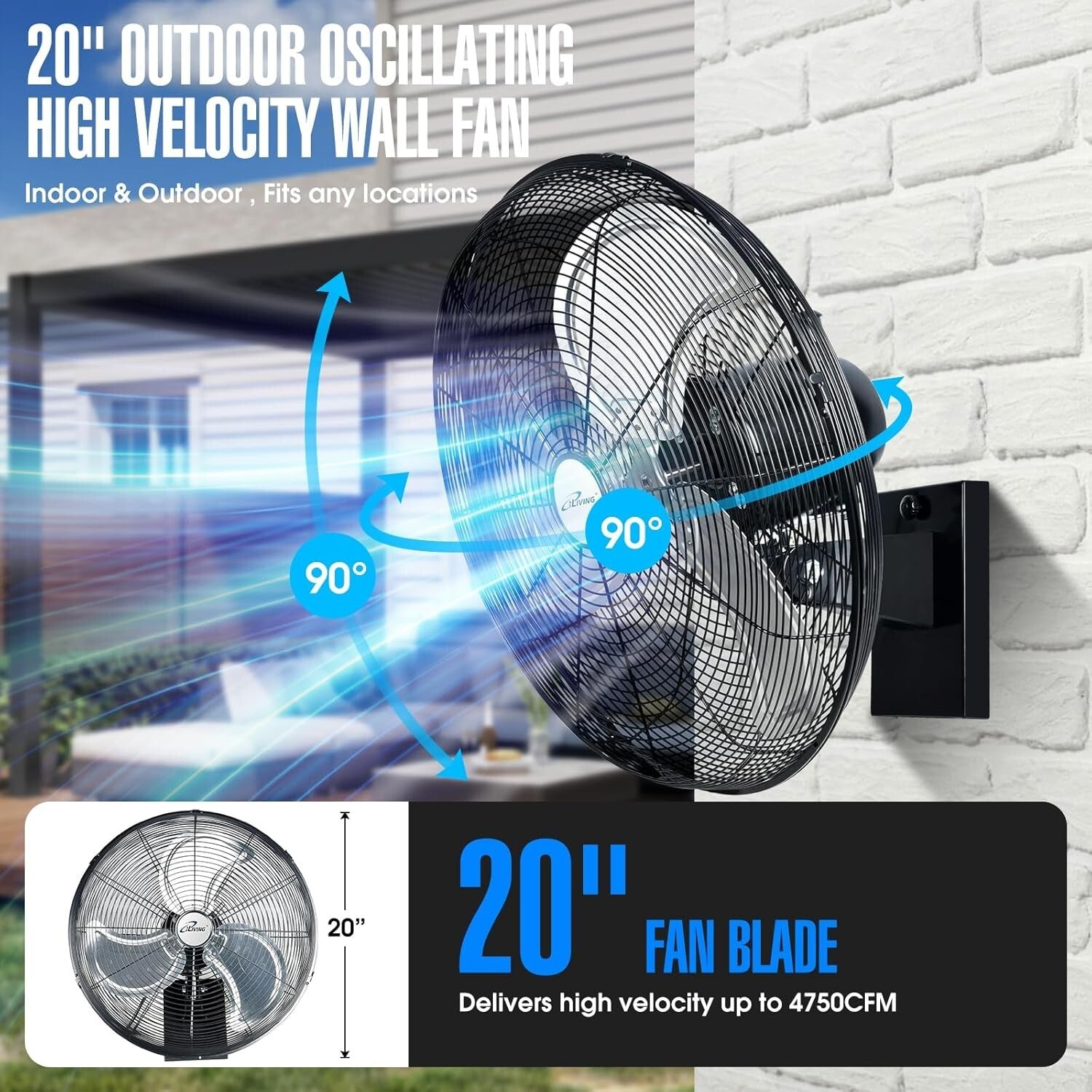 Adjustable 20" Black Wall-Mounted Oscillating Fan - Ideal for Garages & Patios