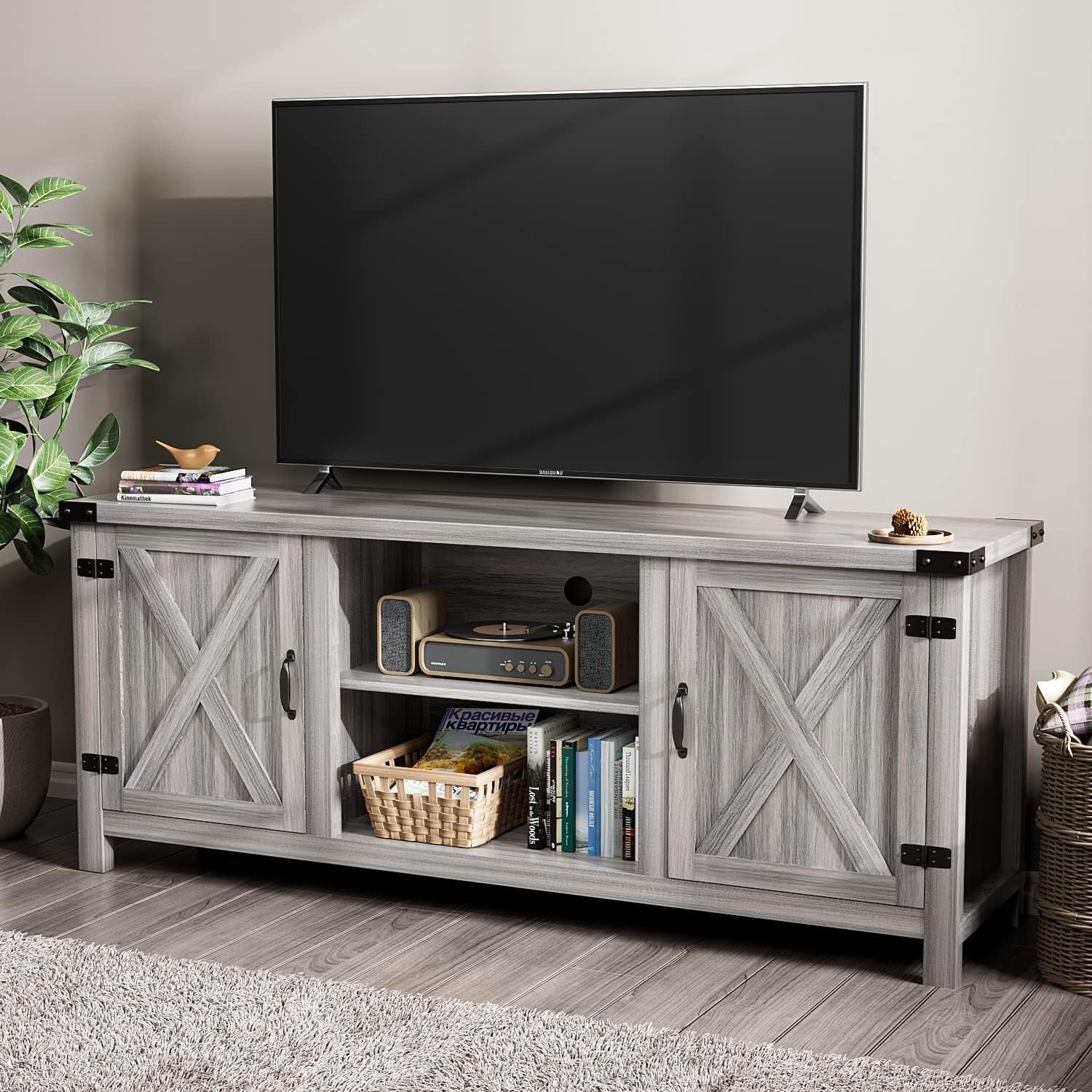 Rustic Gray Wash Barn Door Media Console - Ideal for Living Room and TV Storage