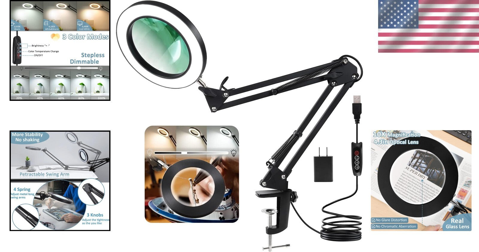 Professional Quality 10X Glass Magnifier with Adjustable Clamp & Eye Protection