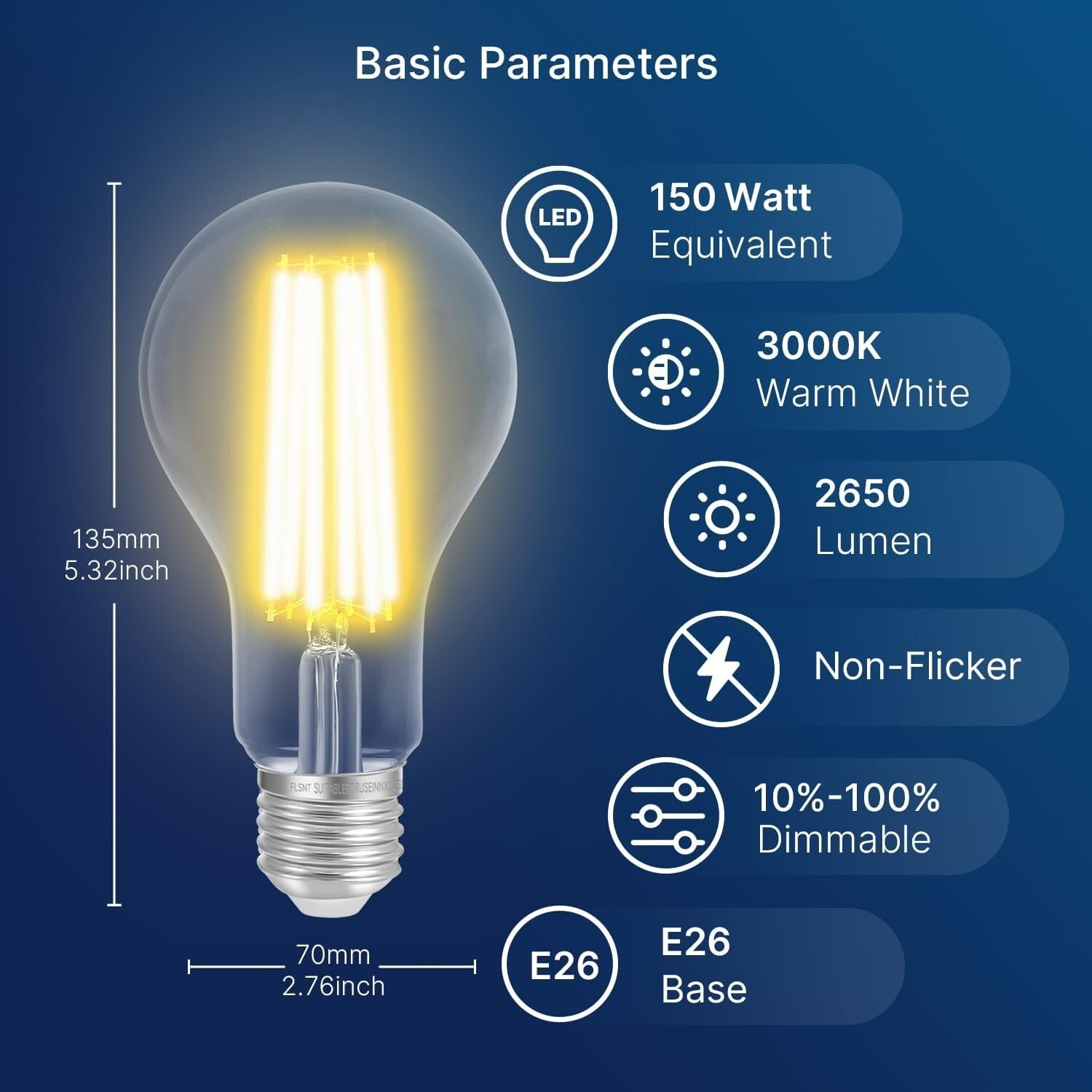 Dimmable A23 LED Light Bulbs - 150W Equivalent, 2650 Lumens, 3000K Warm White