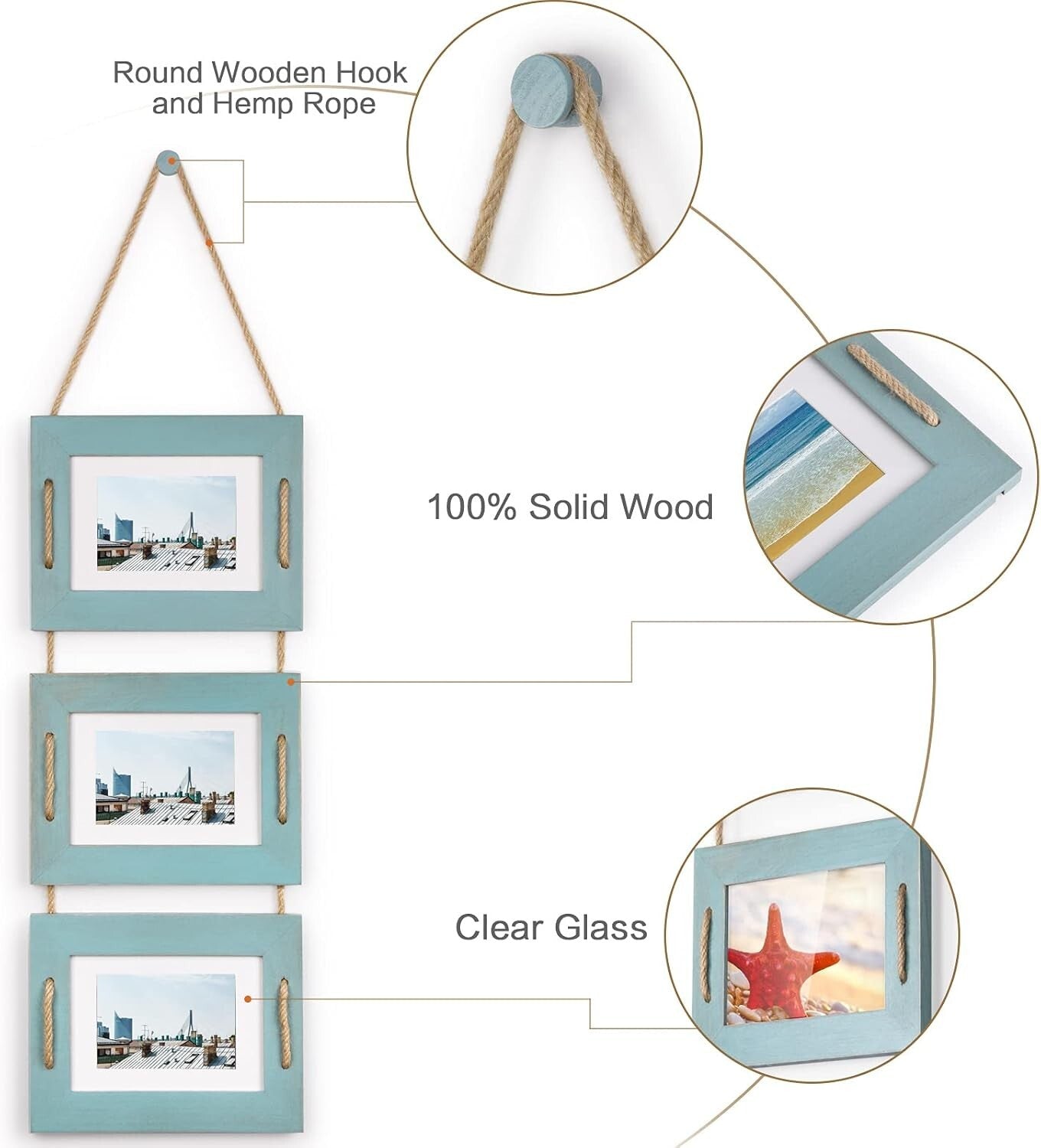 Creative 5x7 Collage Wall Decor - Rustic Ocean Blue Frames with 3.5x5 Options