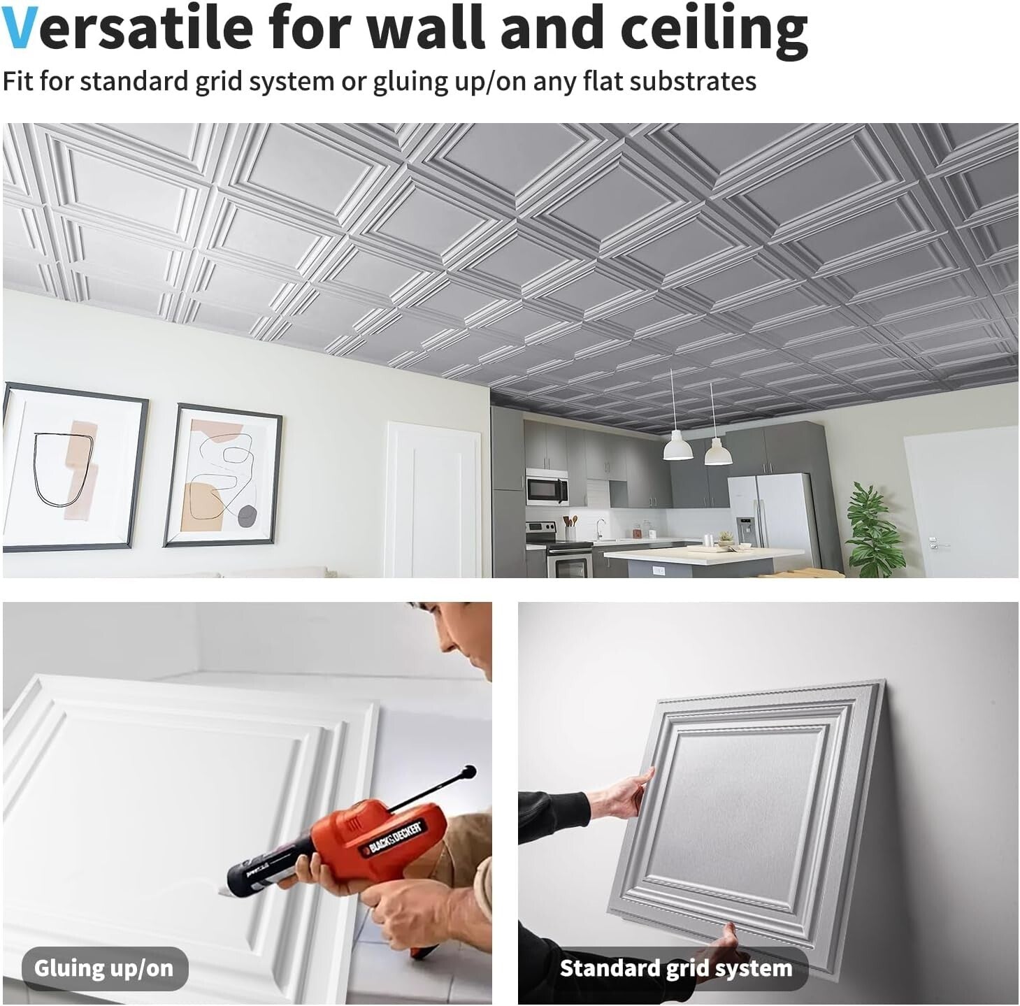 12-Pack 2'x2' PVC Ceiling Tiles in Argent Silver - Durable & Stylish Upgrade