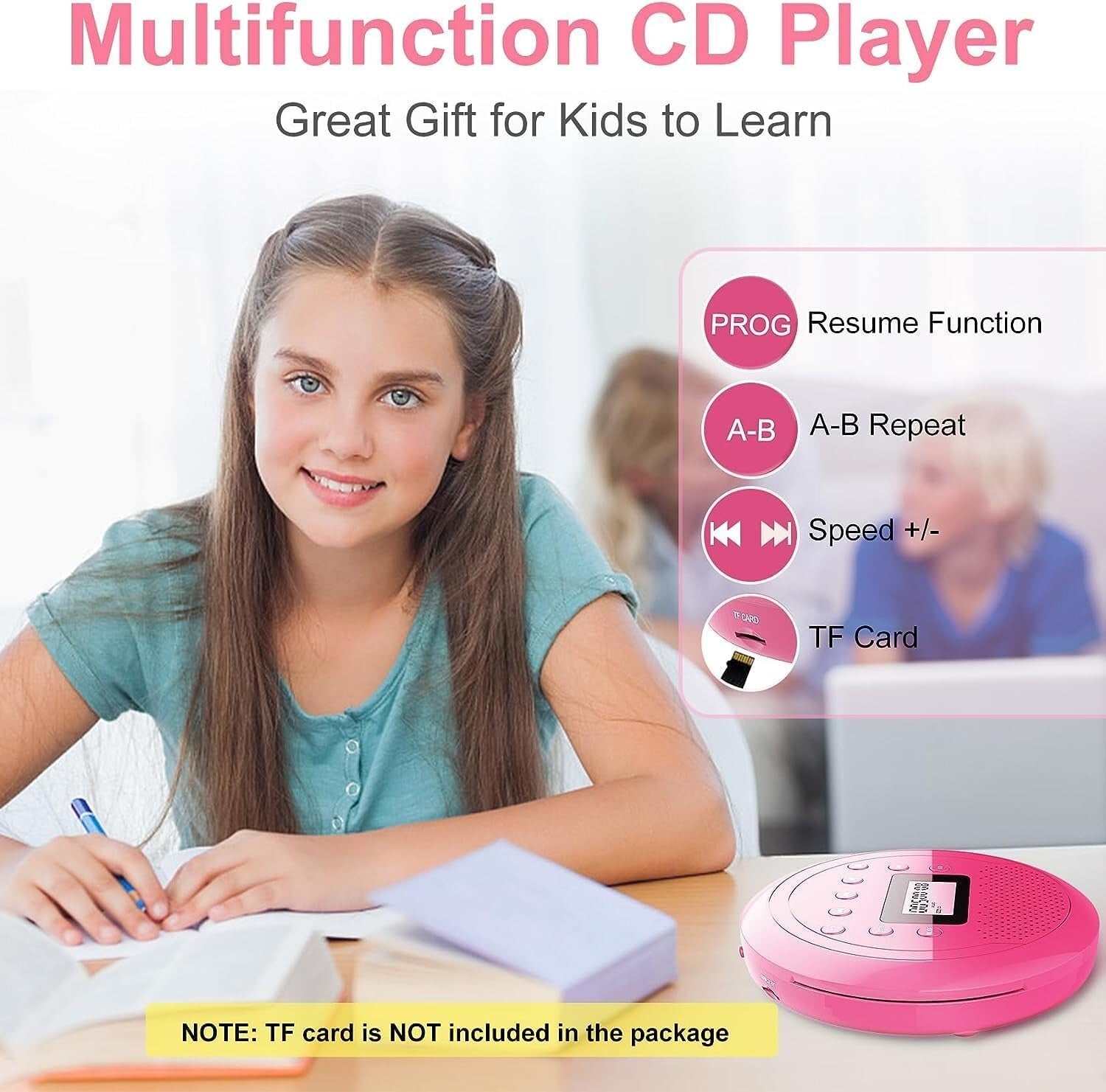 Travel-Friendly Rose Red CD Player with Headphones - Anti-Skip & TF Card Support