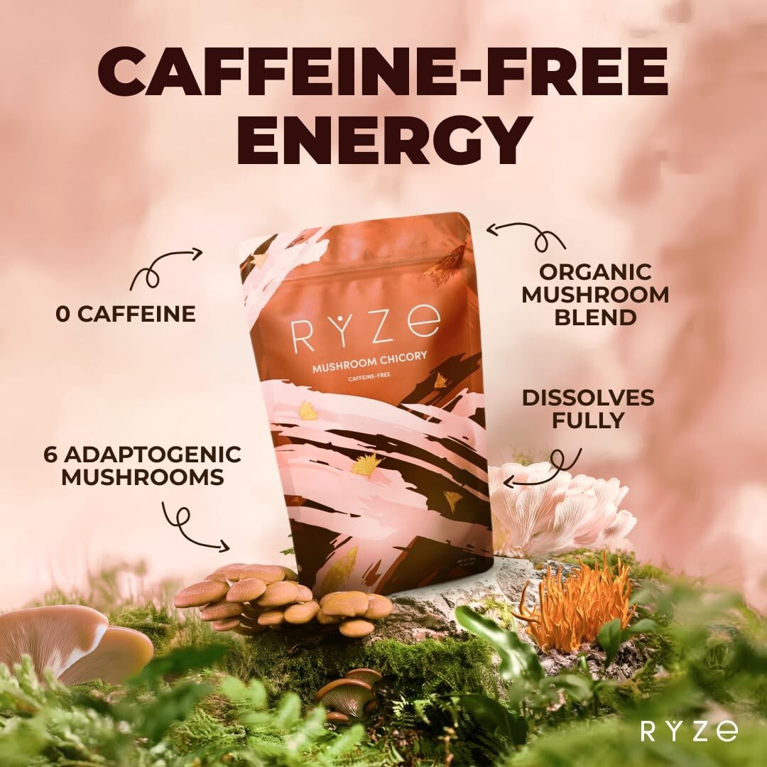 Organic Caffeine-Free RYZE Mushroom Chicory - 6 Adaptogens for Focus & Wellness