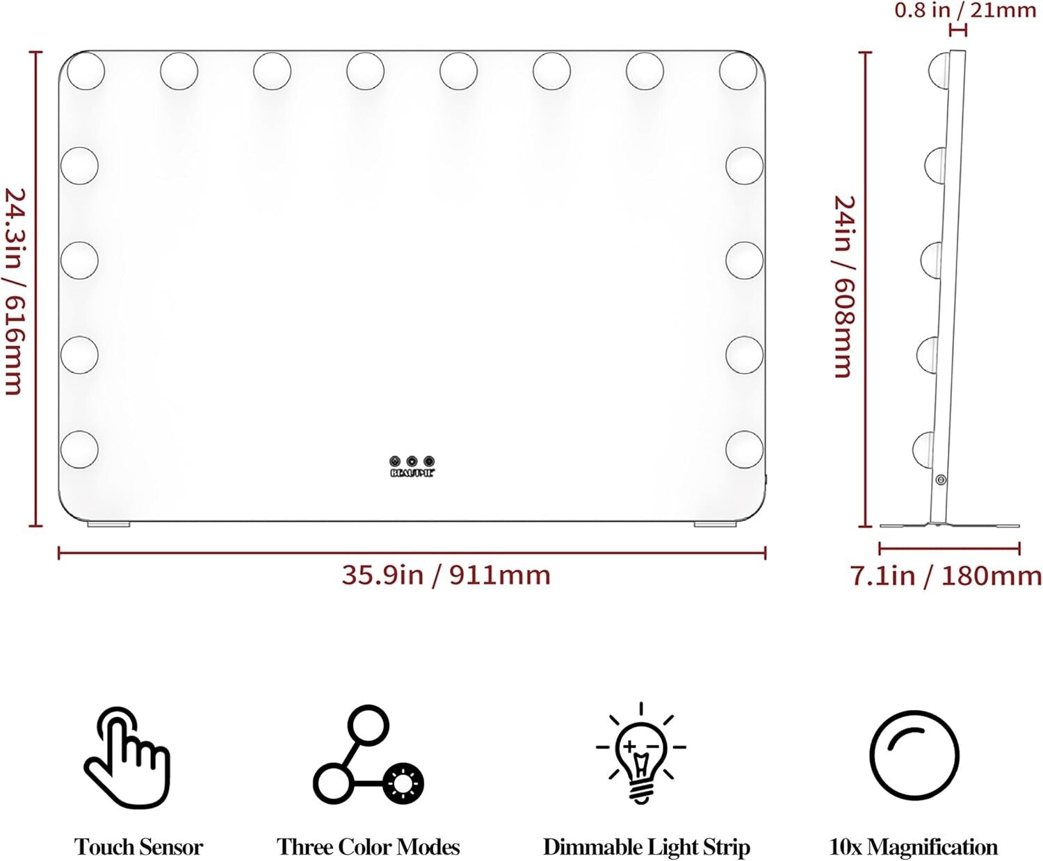 Elegant Lighted Vanity Mirror 36"x24" - 3 Lighting Modes, Touch Control & Memory
