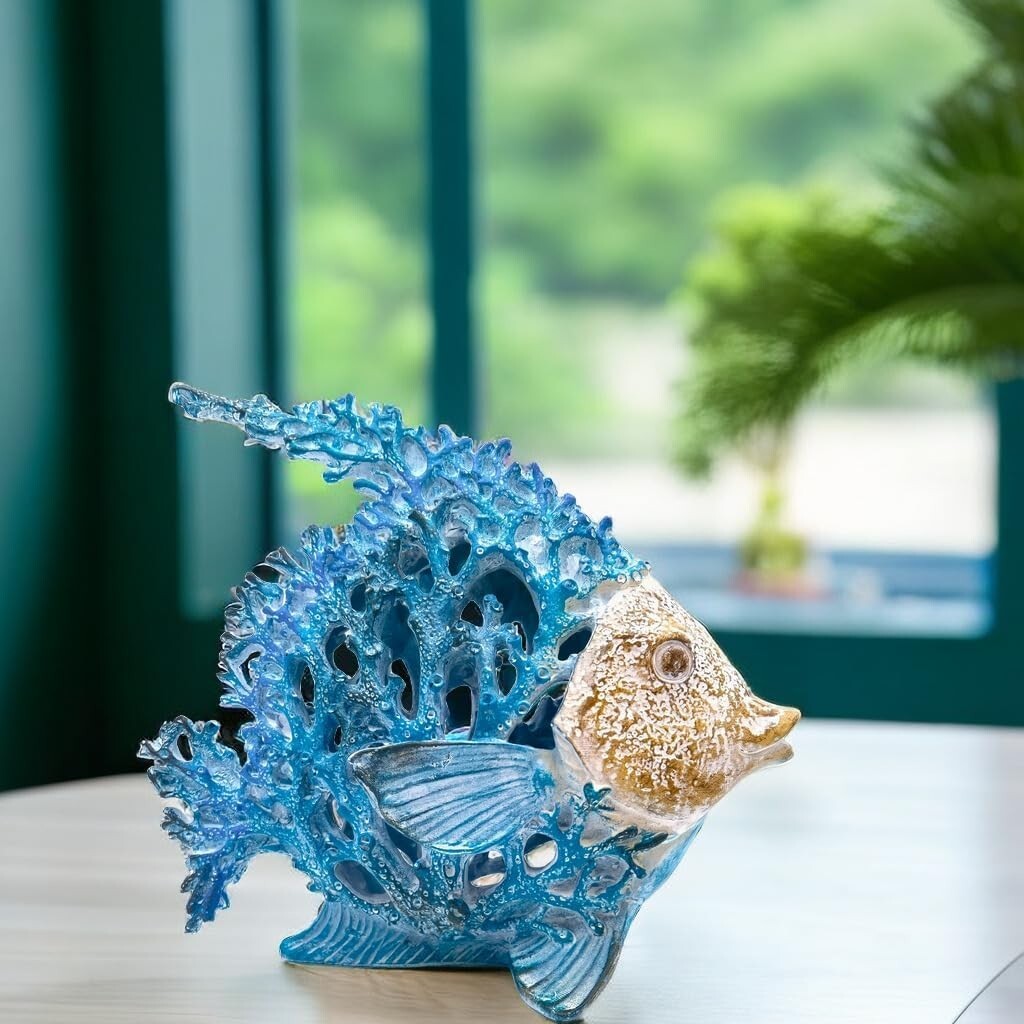 Coastal Coral Reef Angel Sculpture in Turquoise & Blue - Art Deco Tabletop Decor