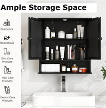 Load image into Gallery viewer, Black Wooden Bathroom Organizer with Double Mirror Doors - Space-Saving Design