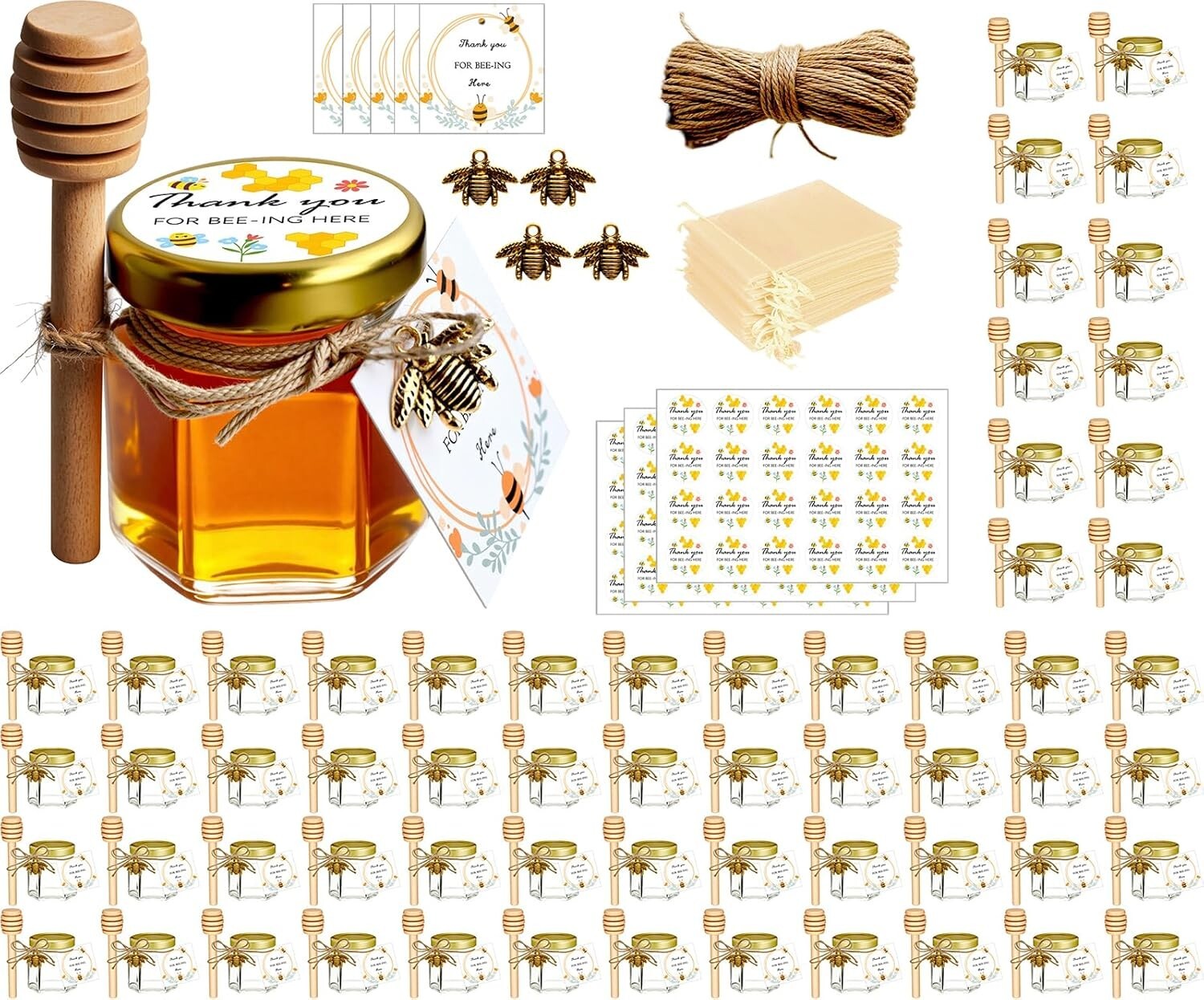 Elegant 1.5 oz Honey Jars with Gold Lids & Wood Dippers for Celebrations