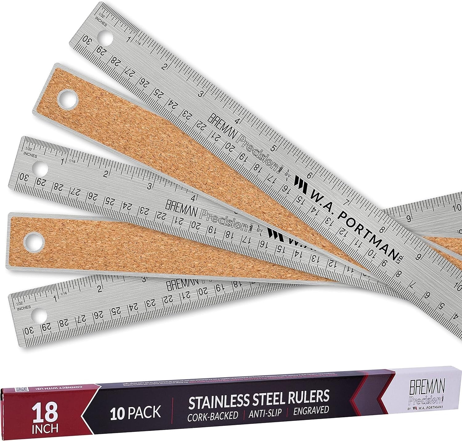 Durable 10-Pack 18 Inch Cork-Backed Metal Rulers for Accurate Measuring