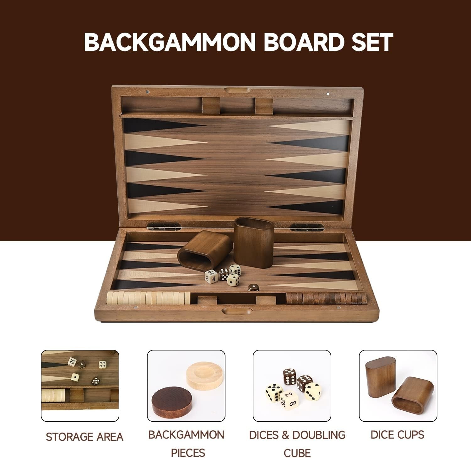 Elegant Wooden Backgammon Board - Complete 20.5" Folding Set with Pieces