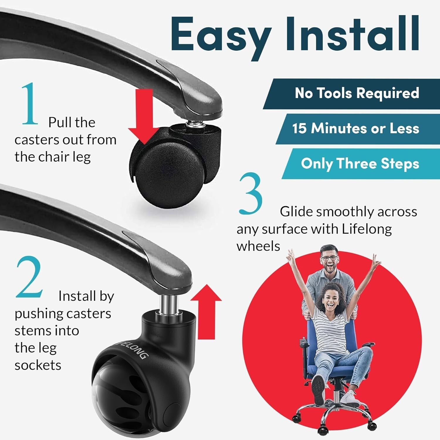 Durable Replacement Office Chair Wheels - 2 Inch Casters for Hardwood & Carpet