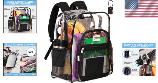 Extra-Large Clear Backpack with TSA Lock & 32L Capacity - Heavy Duty and Stylish