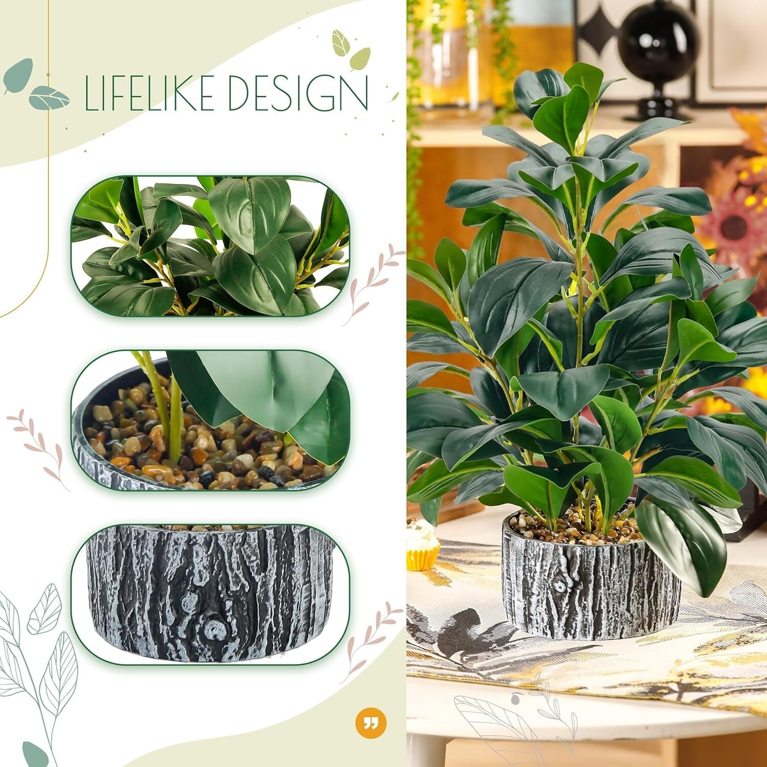 Elegant 15.7-Inch Artificial Plants Set - Striped Pots for Indoor Aesthetics