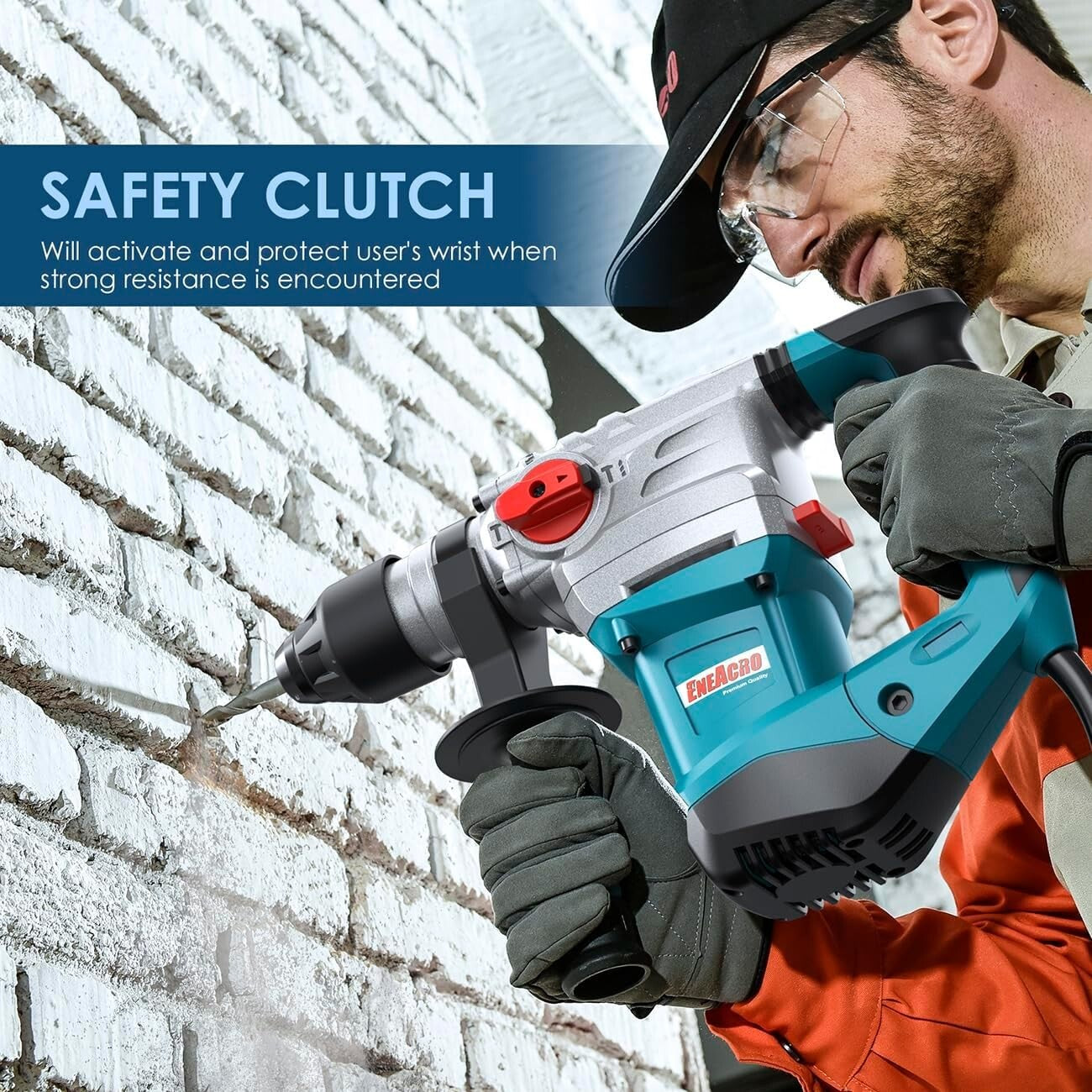 Industrial 13 Amp Rotary Hammer Drill with 4 Functions, Bits & Comfortable Grip