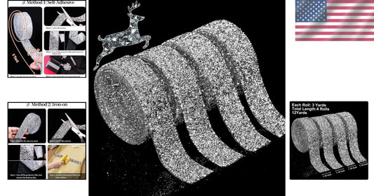 12 Yards Bling Rhinestone Ribbon - Self-Adhesive Glitter for Crafts & Decor