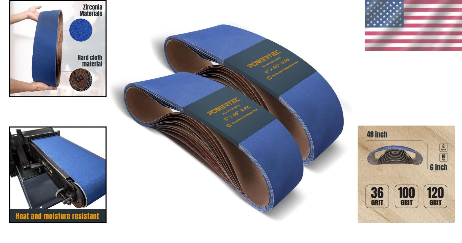 Self-Sharpening 6 x 48 Zirconia Sanding Belts - 36/100/120 Grits Assortment 18PK