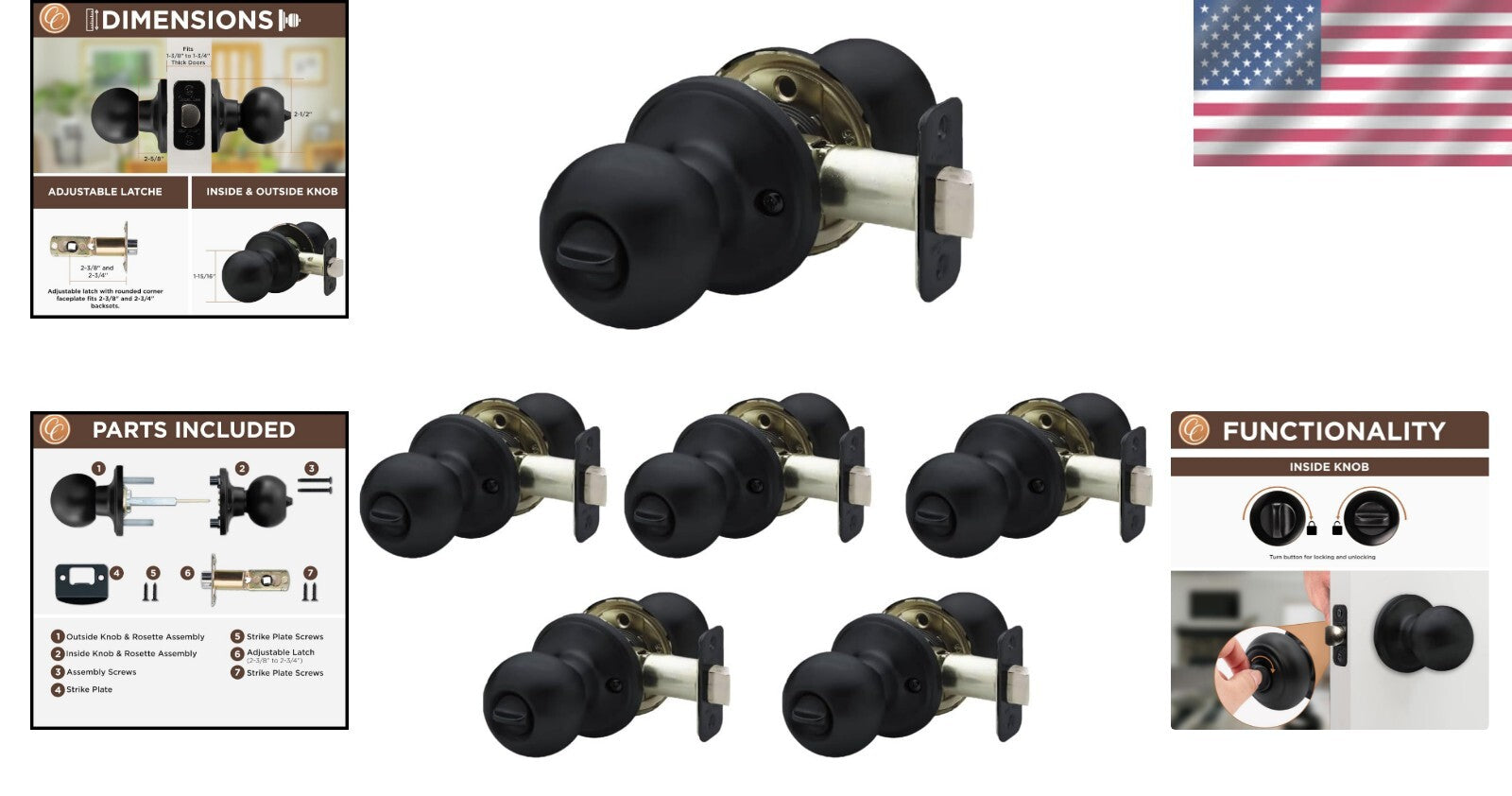 6-Pack Matte Black Round Door Knobs with Privacy Lock - Ideal for Bedroom & Bath