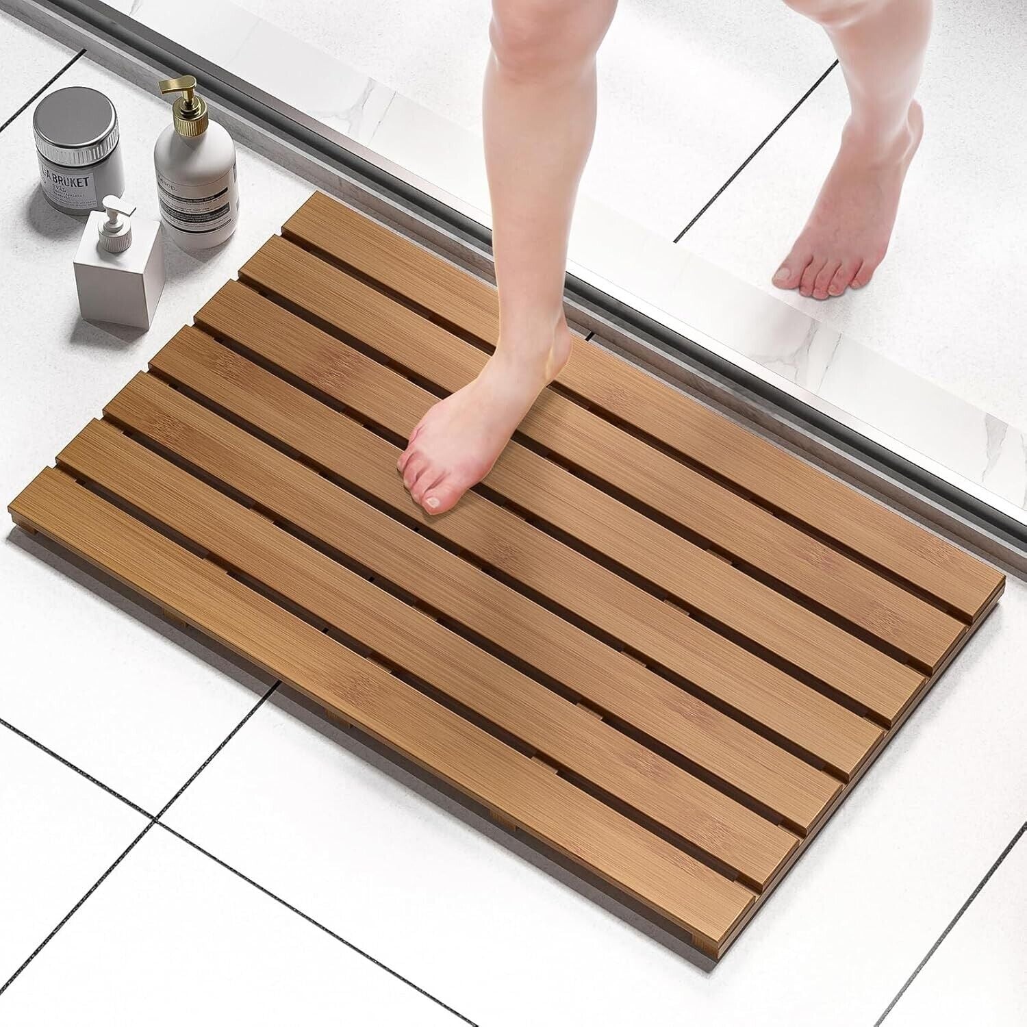 Durable Walnut Bamboo Shower Mat - Large Non-Slip Waterproof Design, 31.3 x 18.1