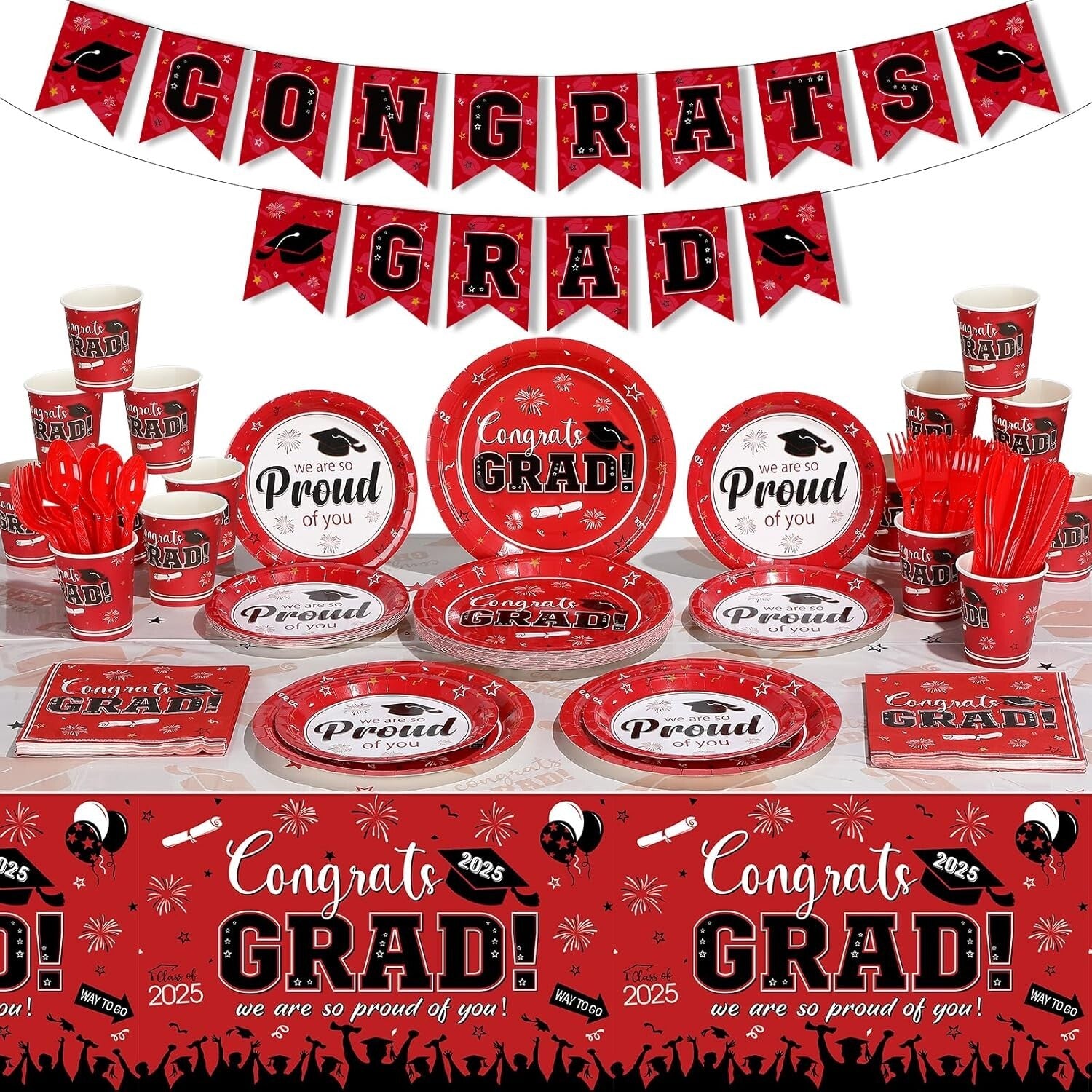 Disposable Graduation Party Supplies Set: 357 Red Plates, Napkins, Banner & More