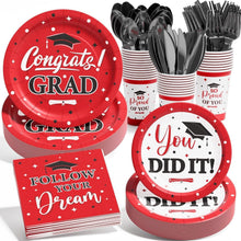Load image into Gallery viewer, Premium Disposable Graduation Dinnerware for 25 Guests - Red &amp; Black Elegance
