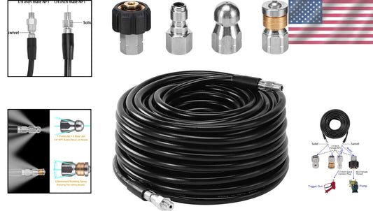 Versatile Pressure Washer Sewer Jetter Kit with 3 Nozzle Types - 1/4 Inch Hose