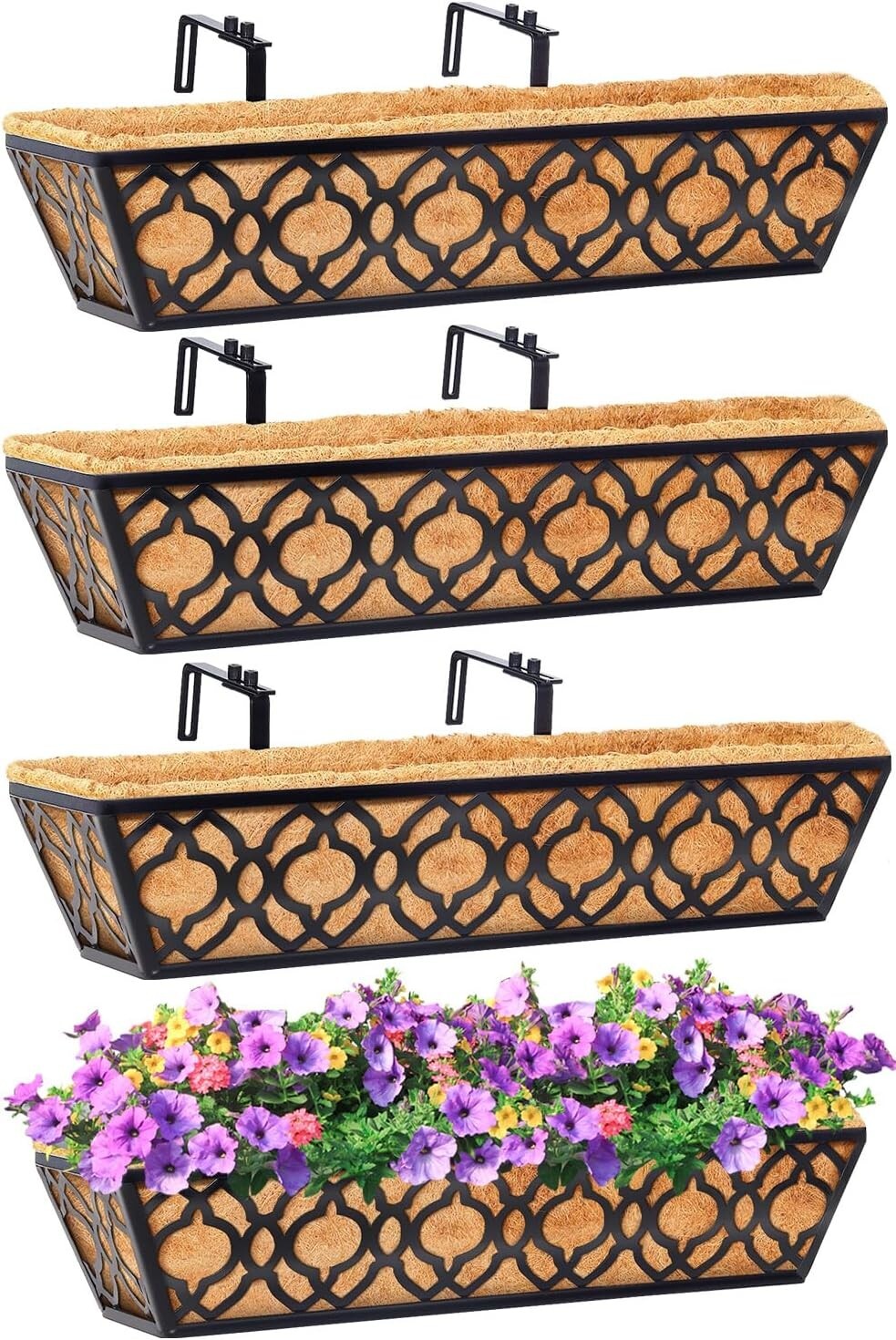 Durable 24 Inch Railing Planters - Black Metal with Coconut Coir Liners (4 Pack)