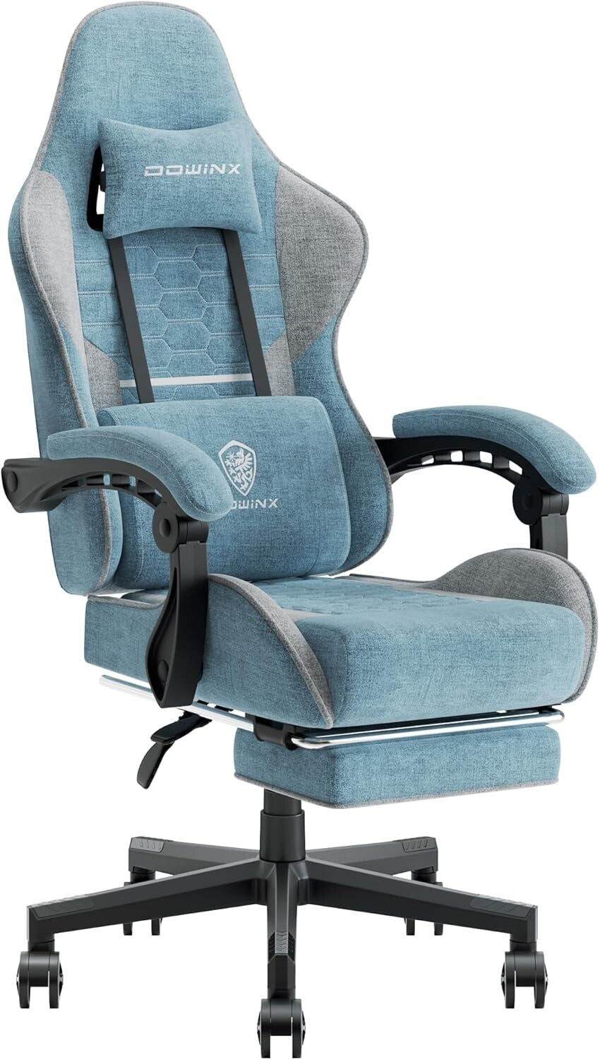Comfortable Blue and Grey Gaming Chair with Pocket Springs, Headrest & Footrest