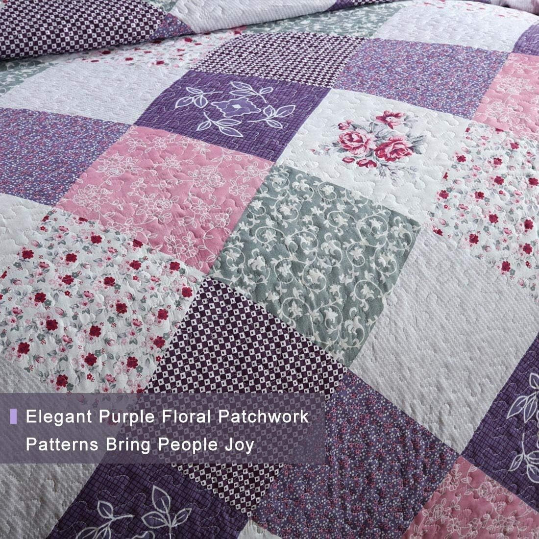 Soft Microfiber Queen Bedspread - Reversible Floral Patchwork Design, 3-Piece