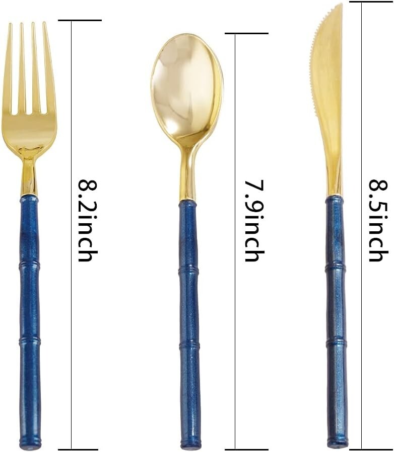 Disposable Gold Plastic Cutlery with Blue Glitter Bamboo Handles - 180 Pieces
