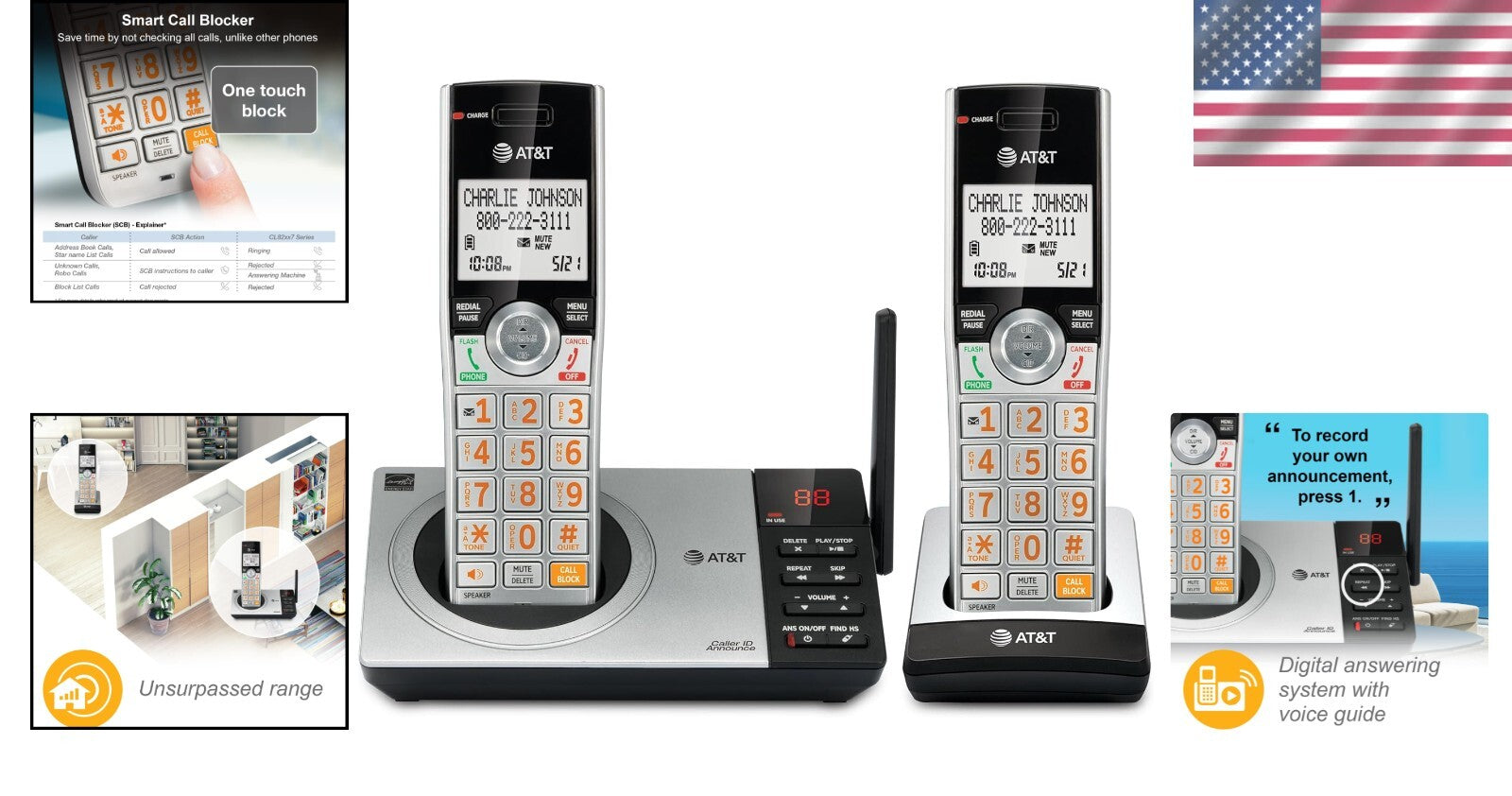 Cordless Phone Set with Digital Answering Machine & Caller ID Announcer - Silver