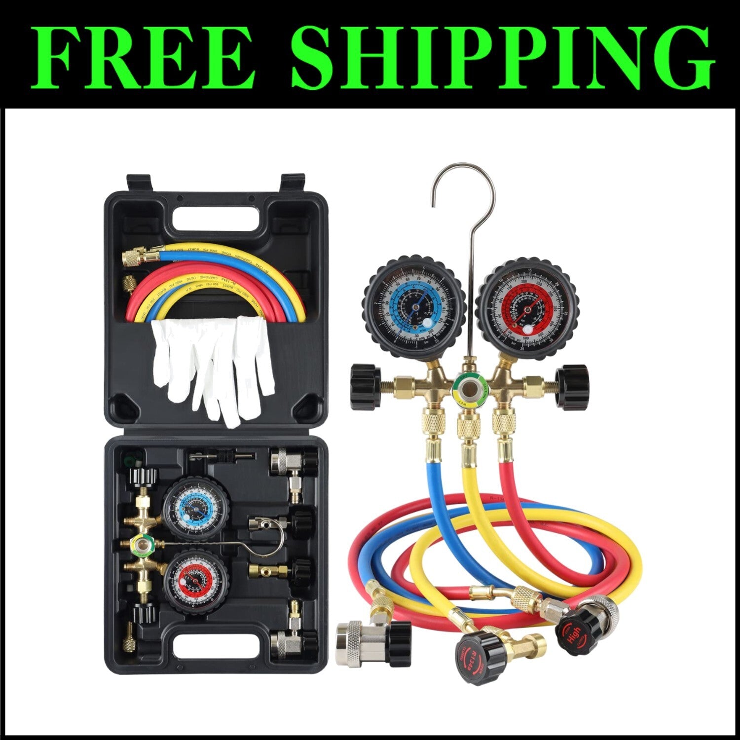 3-Way A/C Manifold Gauge Kit with 5FT Hoses - Easy Read Dials & Durable Design