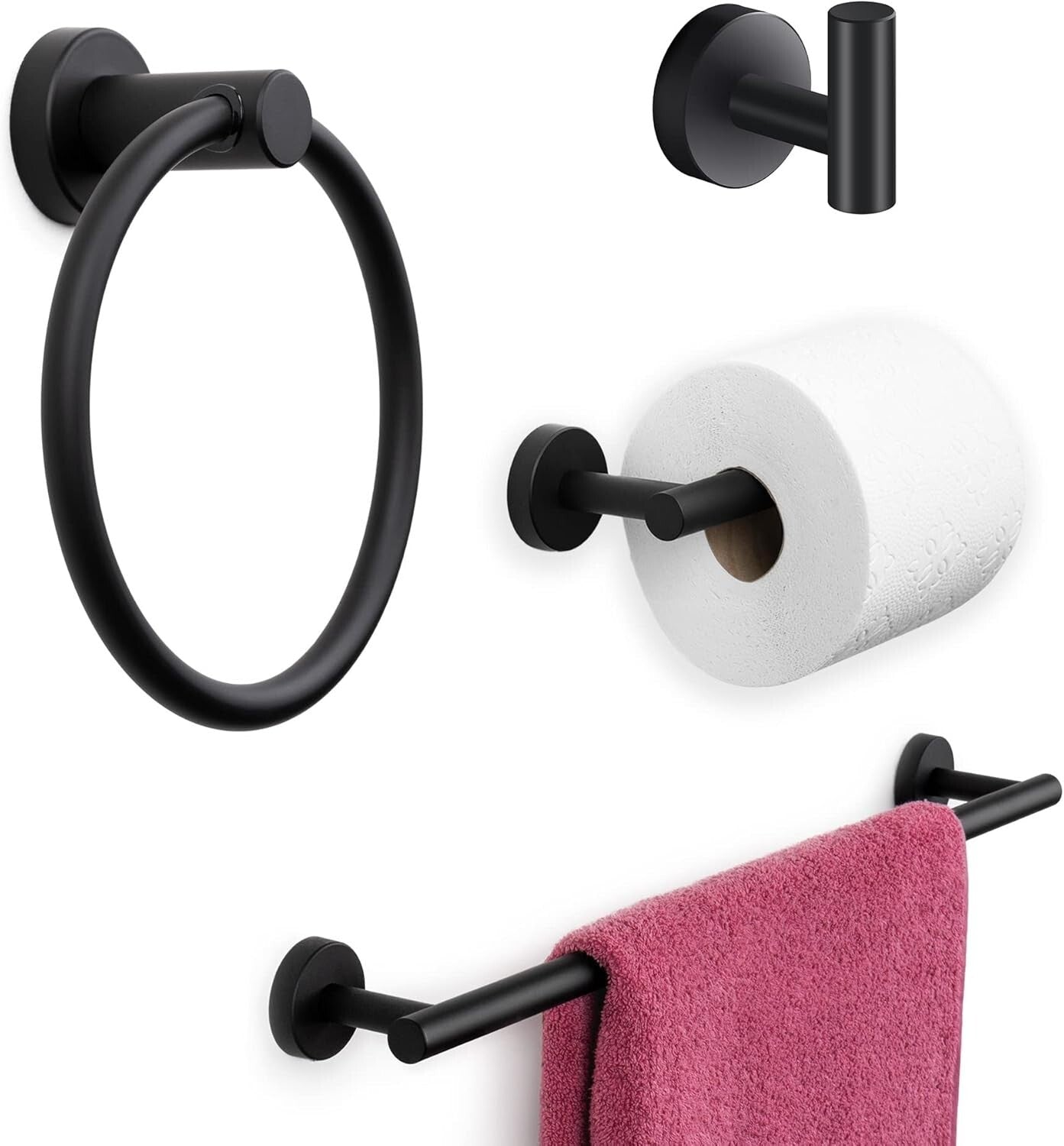 Effortless Wall-Mounted Bathroom Accessory Set - 4-Piece Matte Black Collection
