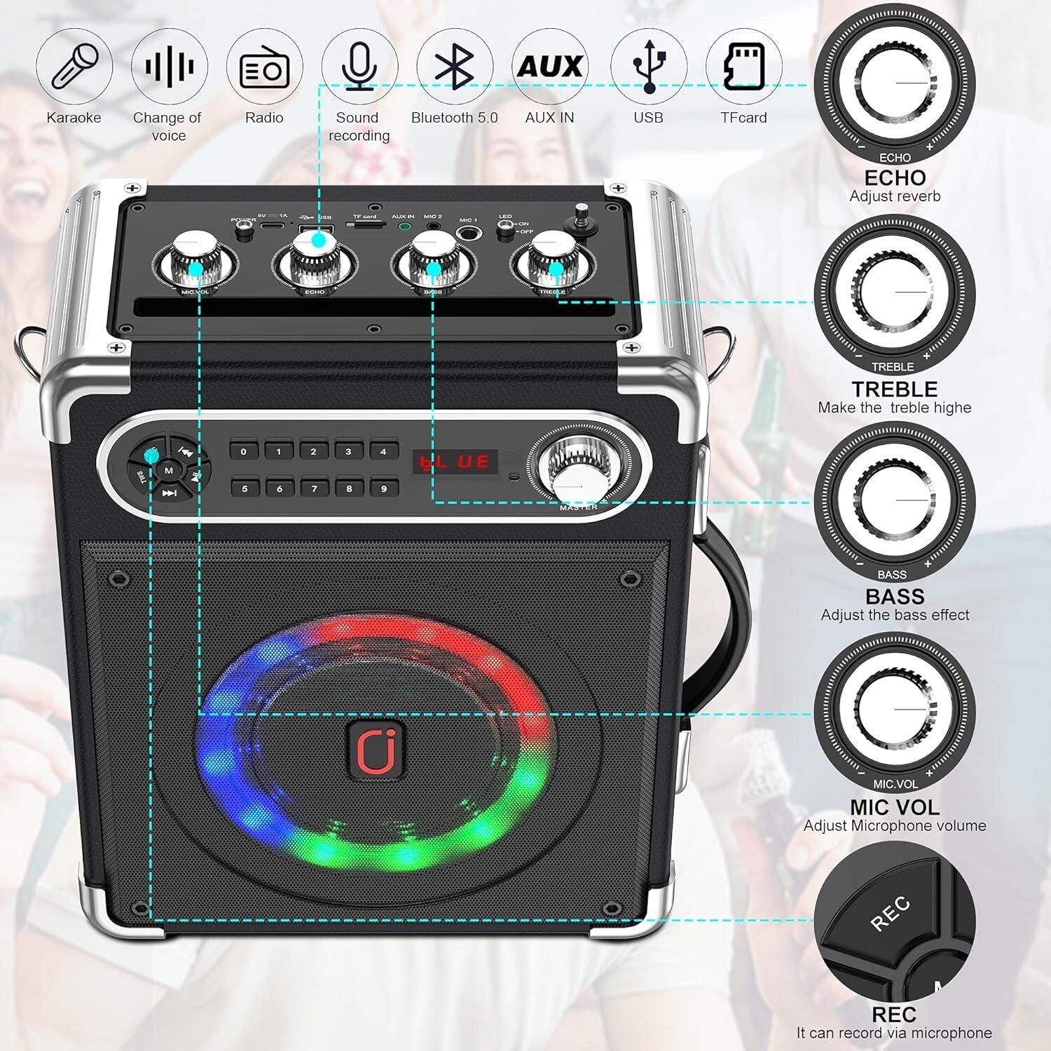 All-in-One PA System with Remote Control, Disco Lights, and Wireless Microphones