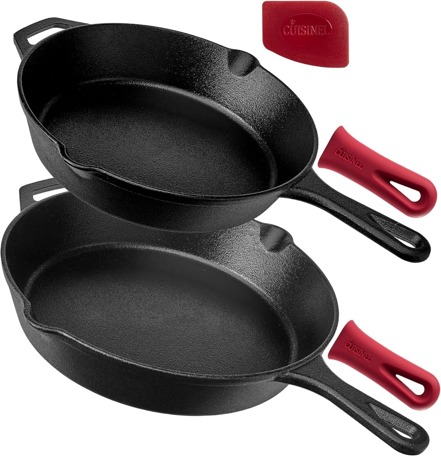 10" and 12" Cast Iron Frying Pans - Pre-Seasoned Cookware with Silicone Grips
