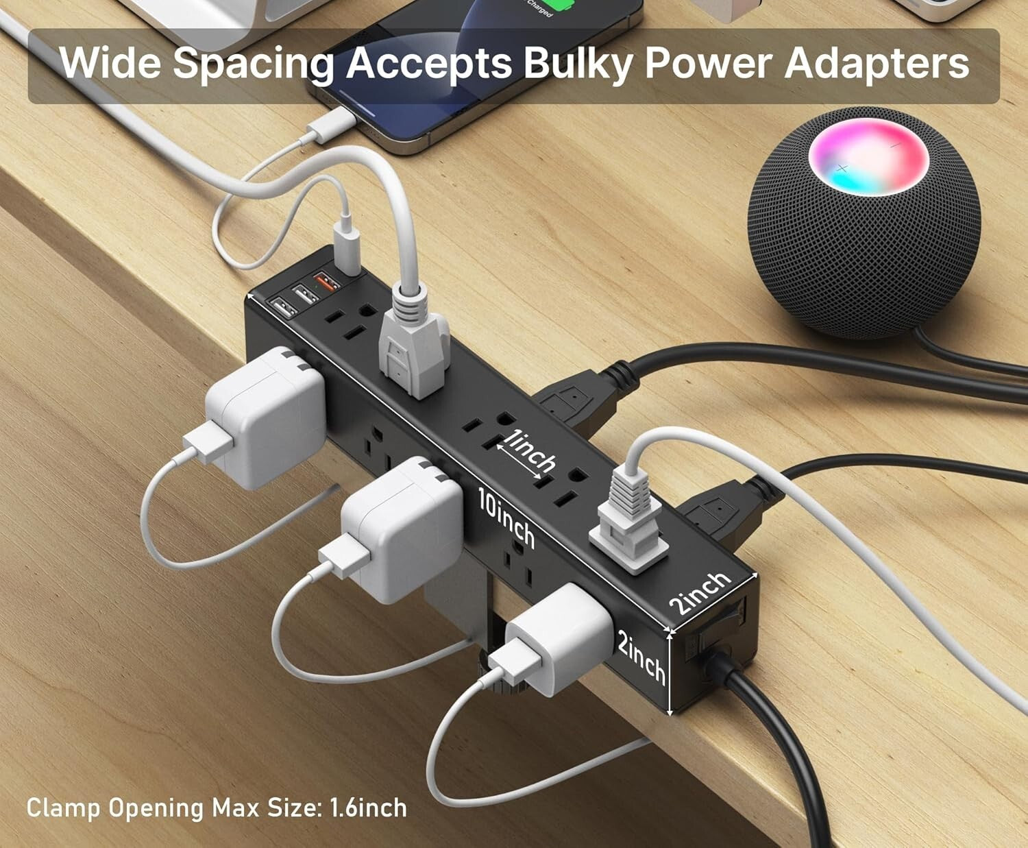 Surge-Protected Desk Clamp Power Strip with 15 Outlets - Ideal for Home Office