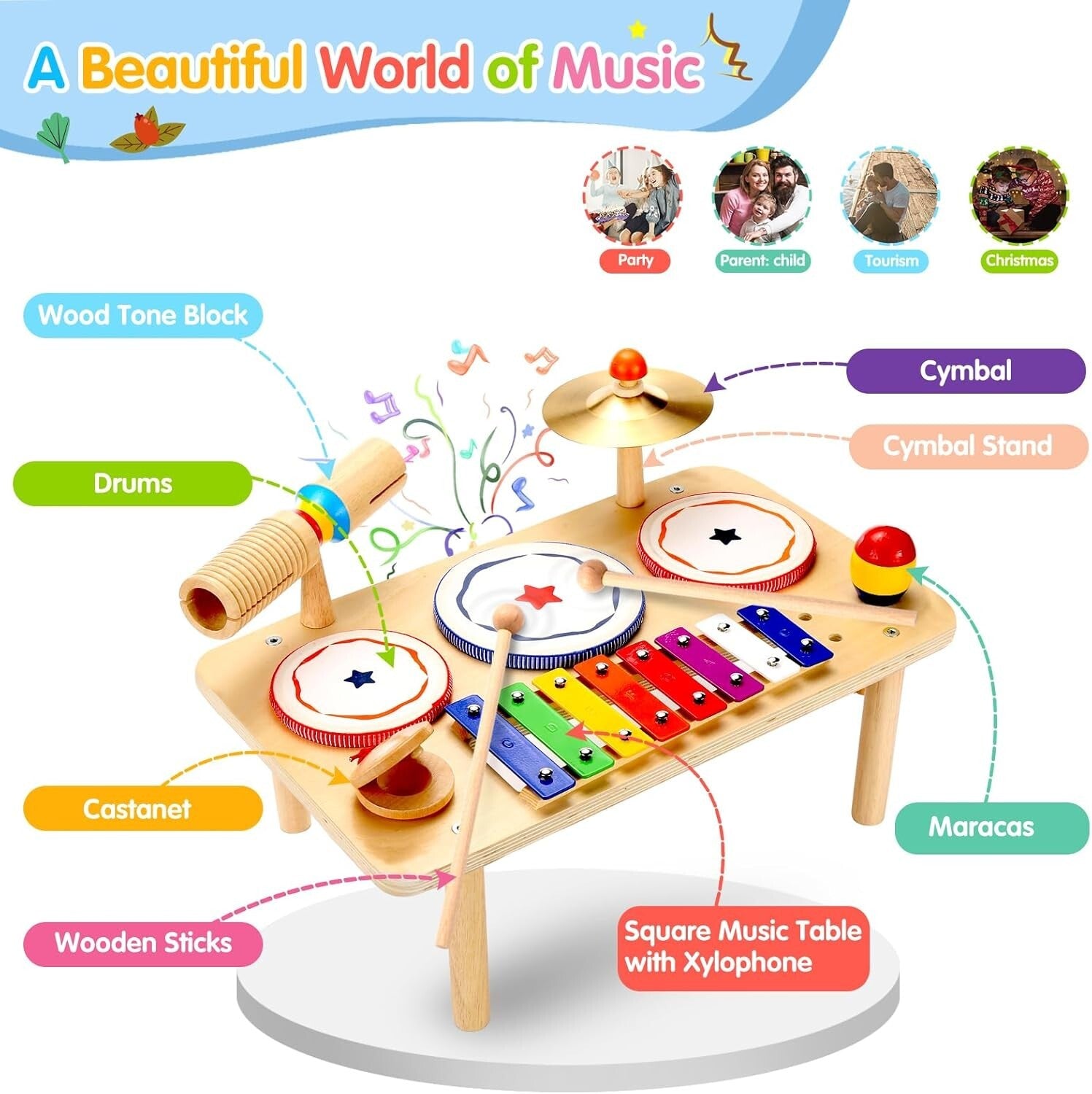 Wooden Kids Drum and Xylophone Set: Educational Musical Instruments for Toddlers