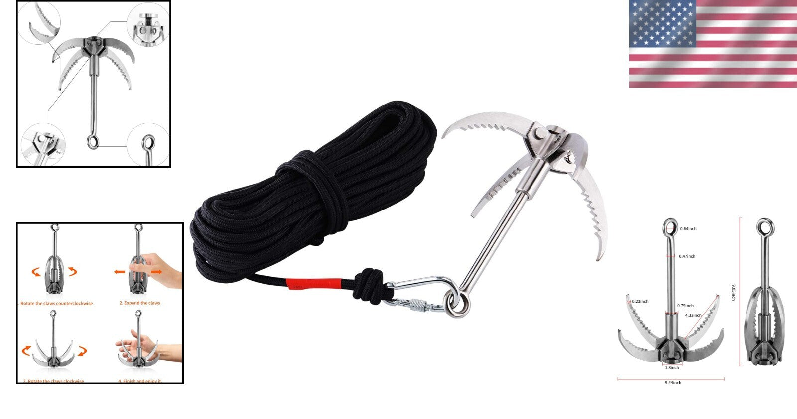 Durable Stainless Steel Grappling Hook with 4-Claw Design for Outdoor Adventures