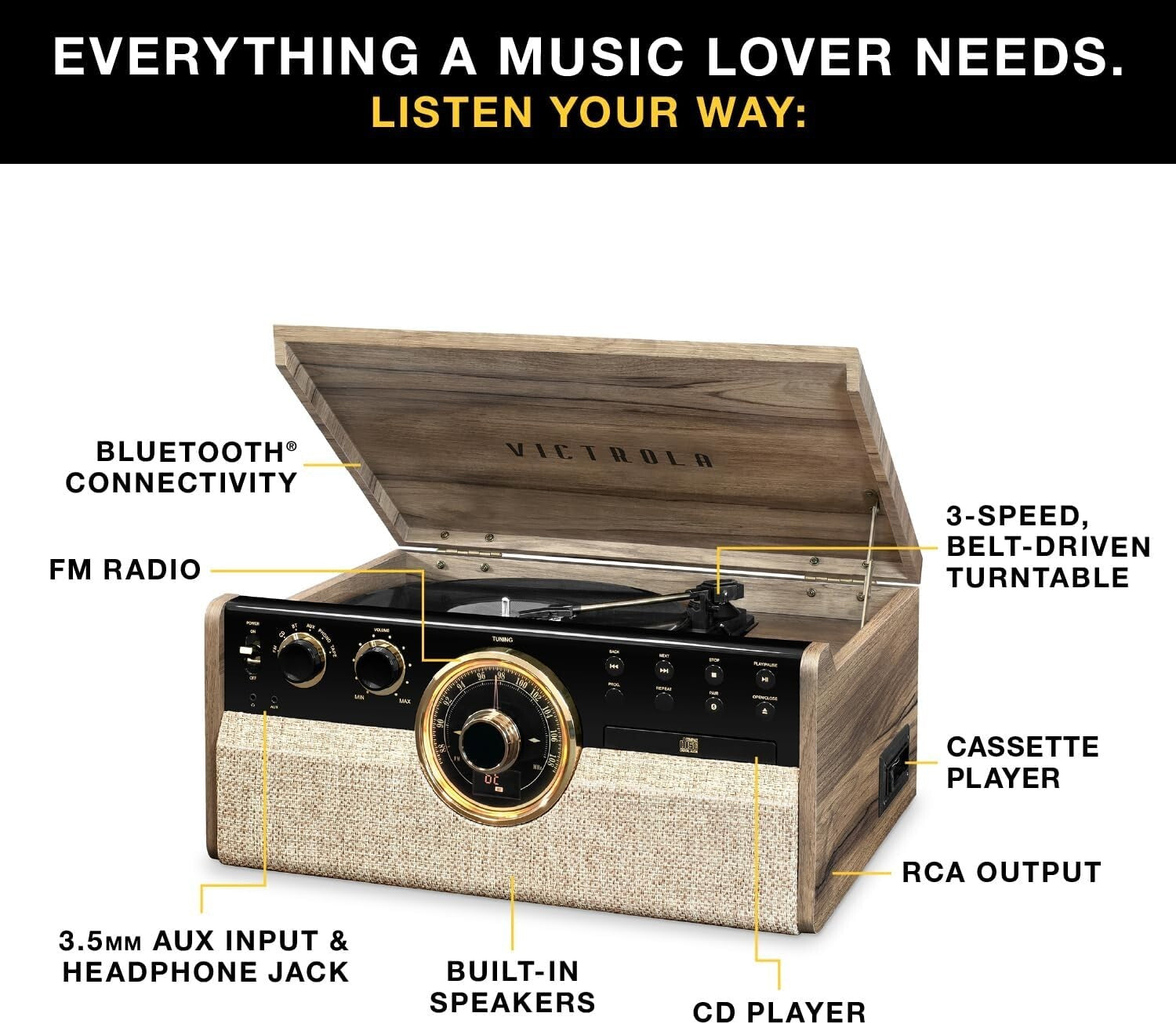 Elegant Espresso 3-Speed Turntable & Multimedia Center with Cassette & CD Player