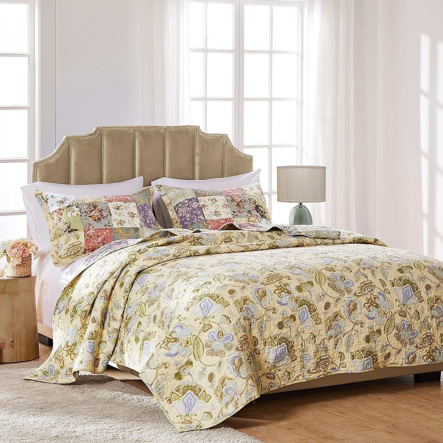 5-Piece Floral Patchwork Quilt Set, 100% Cotton - Full/Queen Reversible Luxury